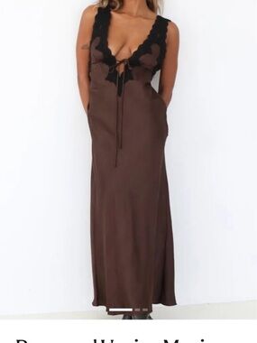 Rumored XS NWT Maxi Slip Dress Espresso with Black Lace Trim